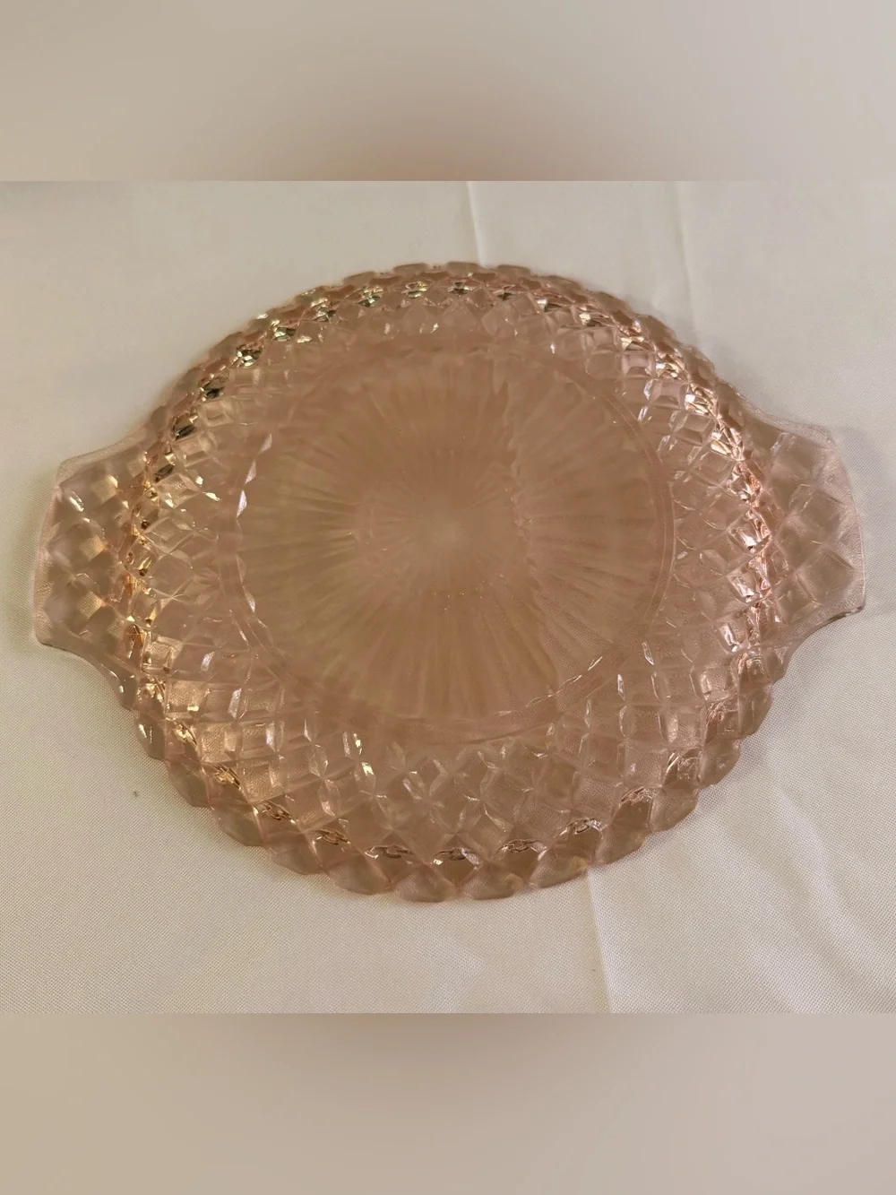 Vintage Anchor Hocking pink depression waffle cake plate w/handles